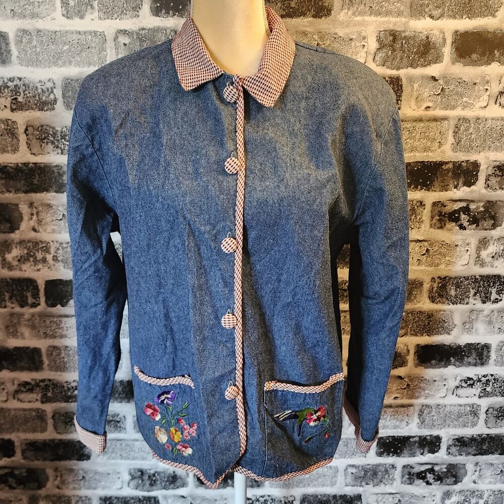 Vintage Teddi Women's Petite Jean Embroidered Denim Shacket Jacket Size PL